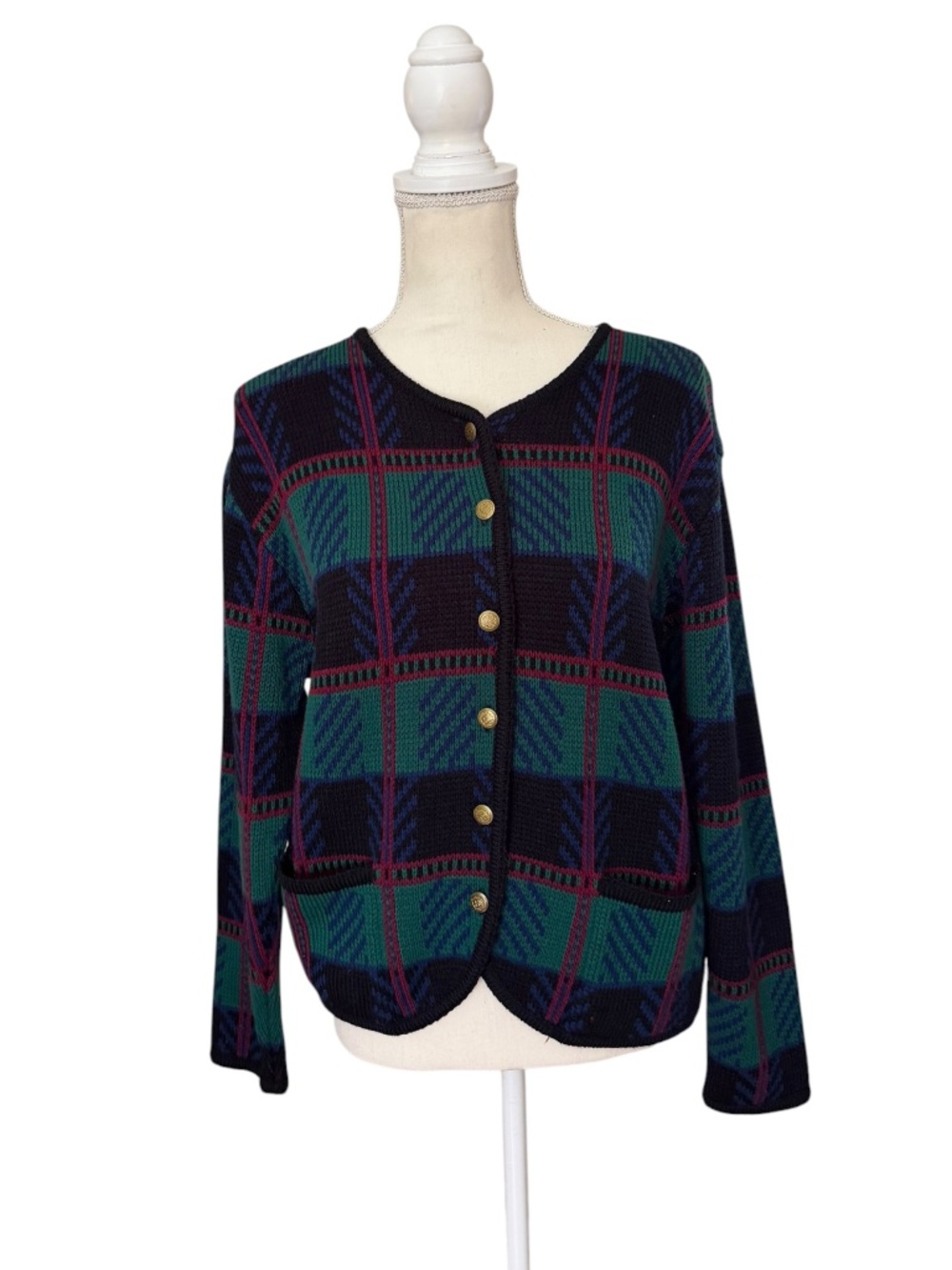 Vintage 80s tally ho plaid button front preppy cardigan sweater 2XL